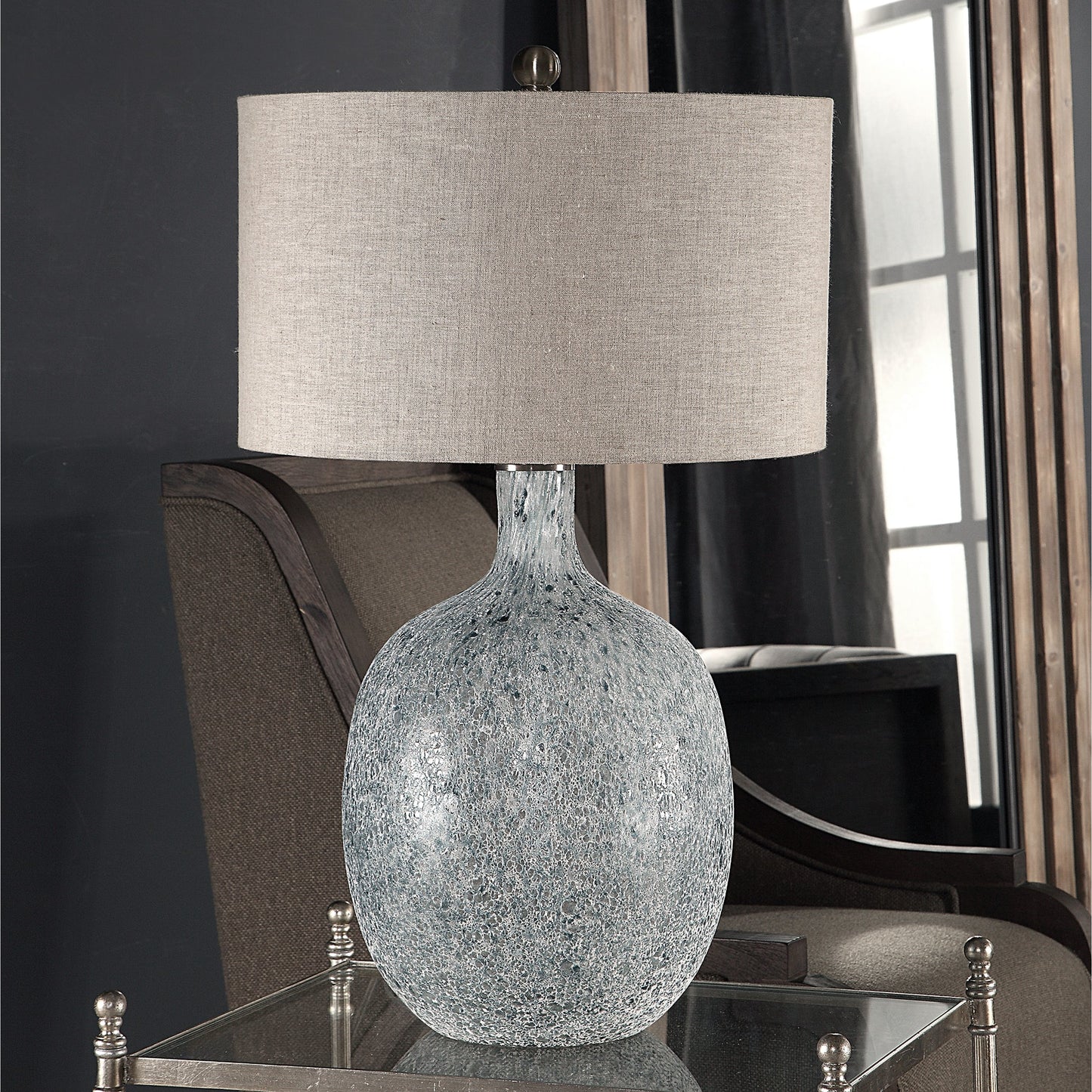 003 S-329099 | Lifestyle | Oceaonna Glass Table Lamp by Uttermost. Made from glass, fabric, iron in a modern style.
