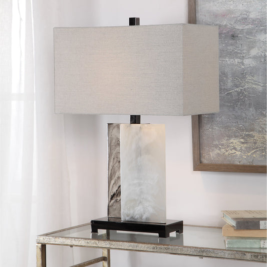 Vanda Stone Table Lamp by Uttermost. Made from steel, clear resin, fabric in a modern style.