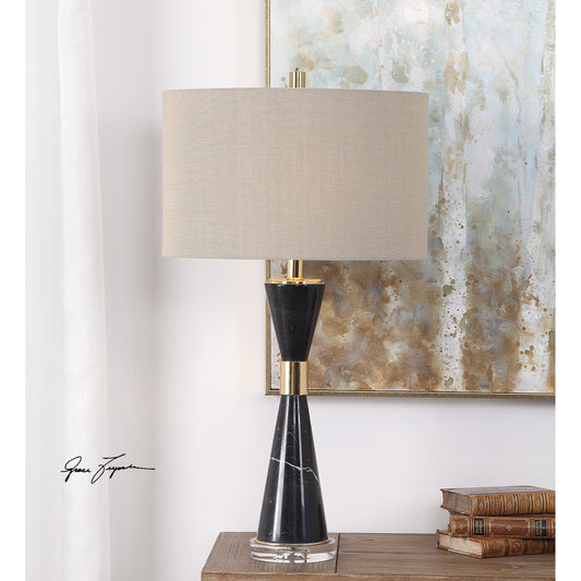 Alastair Black Marble Table Lamp by Uttermost in black. Made from steel, marble, crystal, fabric in a modern style.