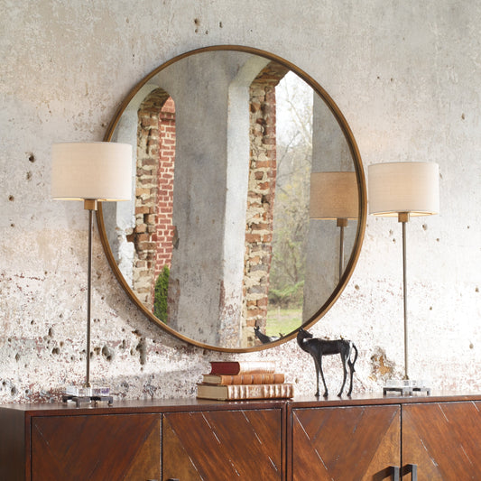 Danyon Brass Table Lamp by Uttermost. Made from iron, crystal, fabric in a transitional style.