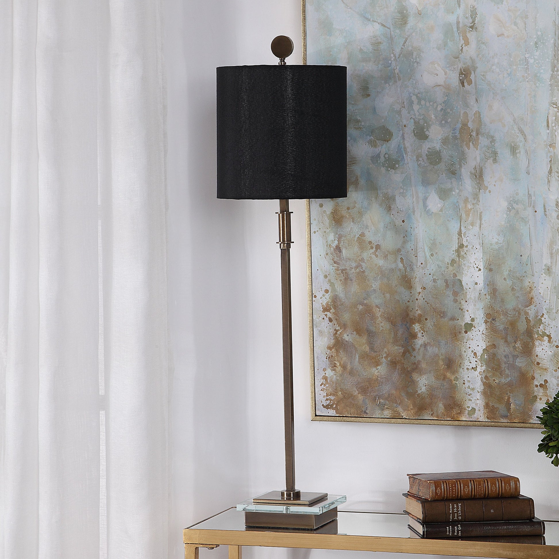 Volante Antique Brass Table Lamp by Uttermost. Made from iron, fabric, crystal in a transitional style.