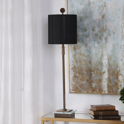 Volante Antique Brass Table Lamp by Uttermost. Made from iron, fabric, crystal in a transitional style.