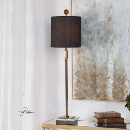 Volante Antique Brass Table Lamp by Uttermost. Made from iron, fabric, crystal in a transitional style.