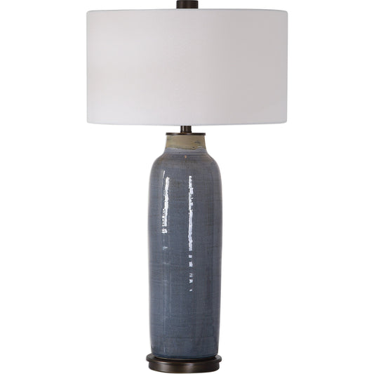 Vicente Slate Blue Table Lamp by Uttermost in blue. Made from steel, ceramic, fabric in a modern style.
