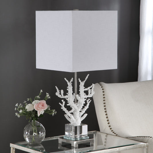 Corallo White Coral Table Lamp by Uttermost in white. Made from crystal, resin, iron, fabric in a coastal style.