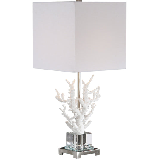 Corallo White Coral Table Lamp by Uttermost in white. Made from crystal, resin, iron, fabric in a coastal style.