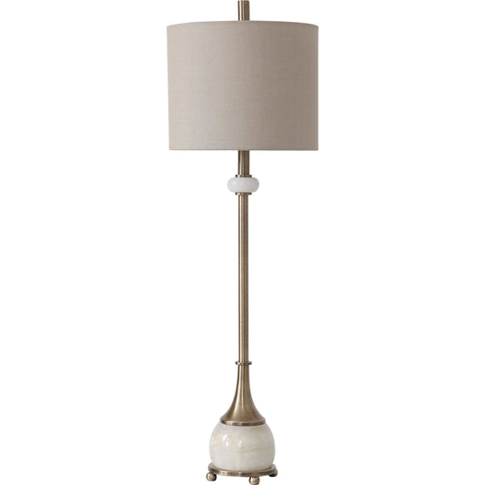 Natania Buffet Lamp by Uttermost in brass. Made from steel, marble, linen in a transitional style.