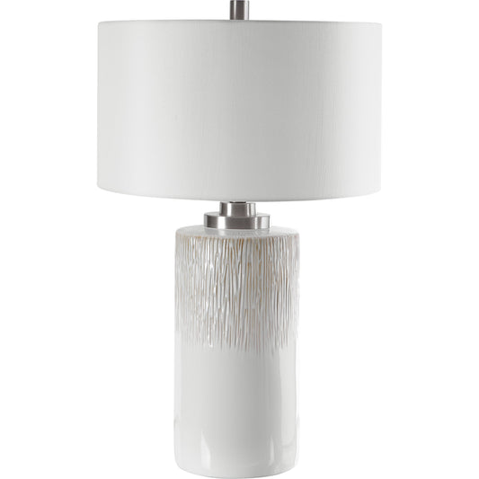 Georgios Table Lamp by Uttermost in aged white. Made from iron, ceramic, linen in a coastal style.