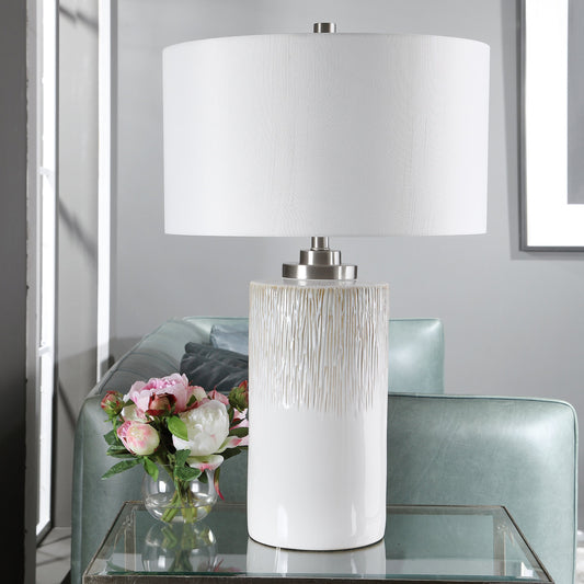 Georgios Table Lamp by Uttermost in aged white. Made from iron, ceramic, linen in a coastal style.