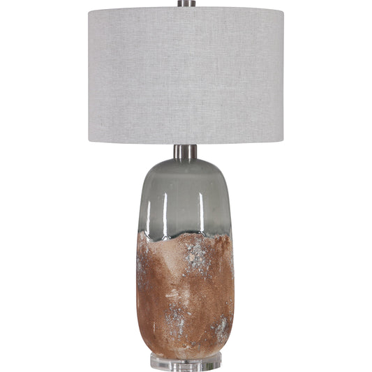 Maggie Table Lamp by Uttermost in terracotta rust, green glaze. Made from ceramic, fabric, iron, crystal in a eclectic & global style.