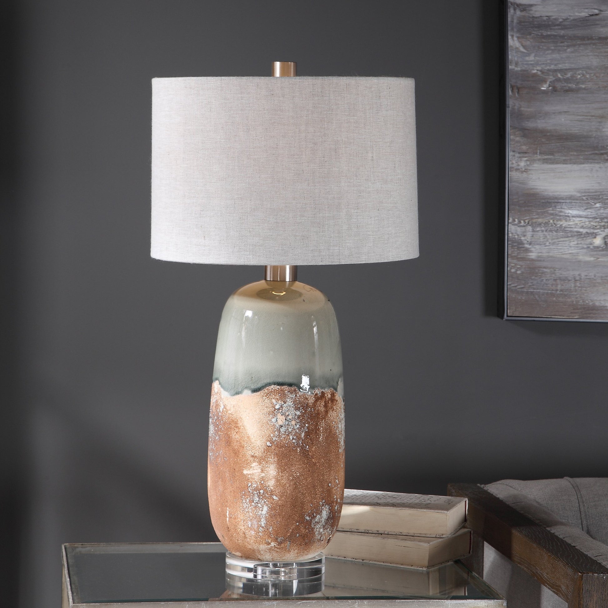 Maggie Table Lamp by Uttermost in terracotta rust, green glaze. Made from ceramic, fabric, iron, crystal in a eclectic & global style.
