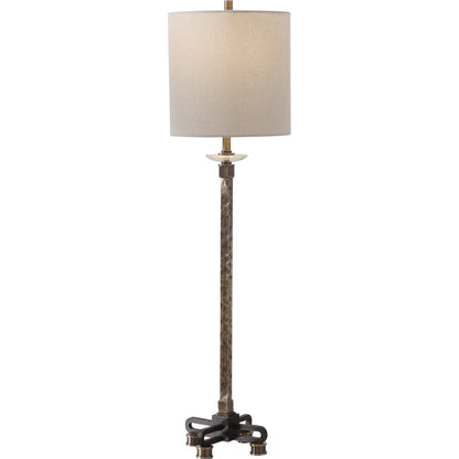 Parnell Buffet Lamp by Uttermost in antique brass. Made from steel, crystal, fabric in a transitional style.