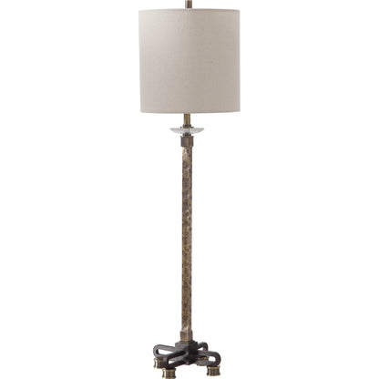 Parnell Buffet Lamp by Uttermost in antique brass. Made from steel, crystal, fabric in a transitional style.