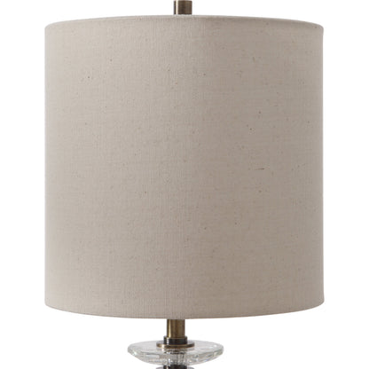Parnell Buffet Lamp by Uttermost in antique brass. Made from steel, crystal, fabric in a transitional style.