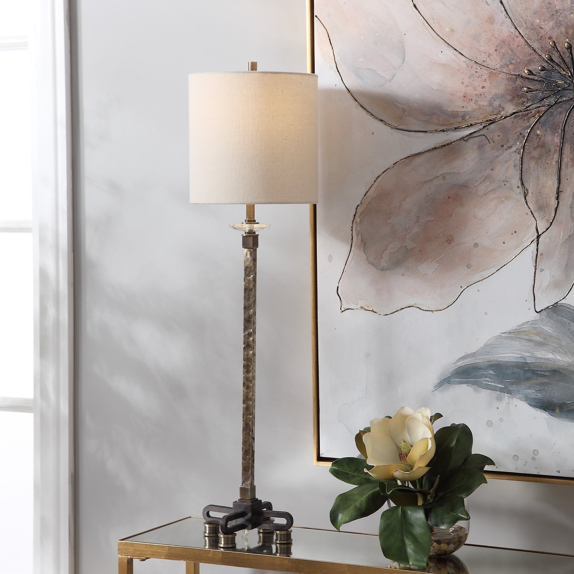 Parnell Buffet Lamp by Uttermost in antique brass. Made from steel, crystal, fabric in a transitional style.