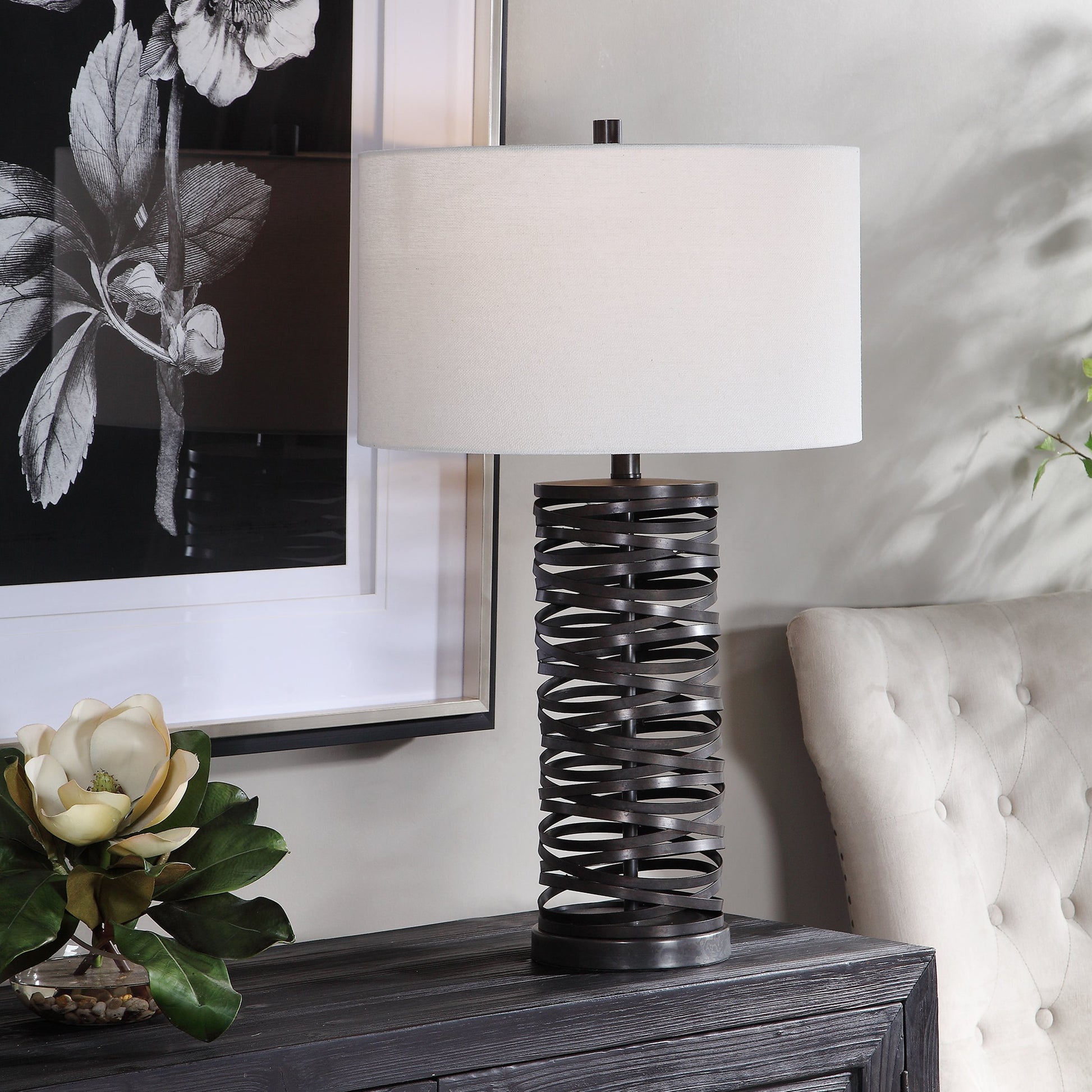Alita Table Lamp by Uttermost in rust black. Made from steel, fabric in a modern style.