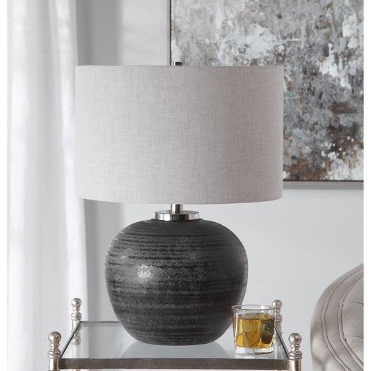 Mikkel Table Lamp by Uttermost in charcoal. Made from ceramic, steel, fabric in a modern style.