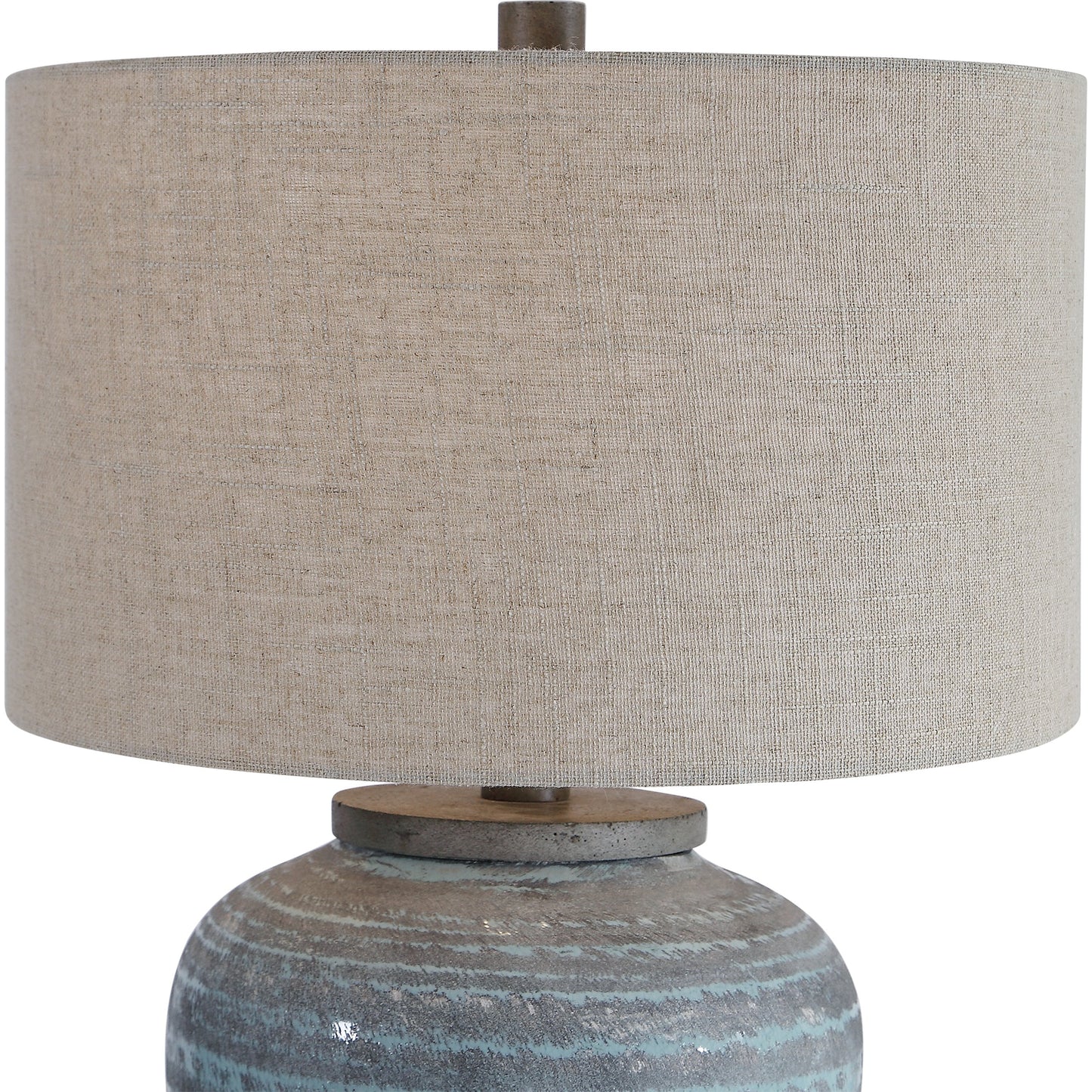 002 SR-388995 | Closeup | Pelia Table Lamp by Uttermost in aqua. Made from ceramic, resin, fabric in a coastal style.