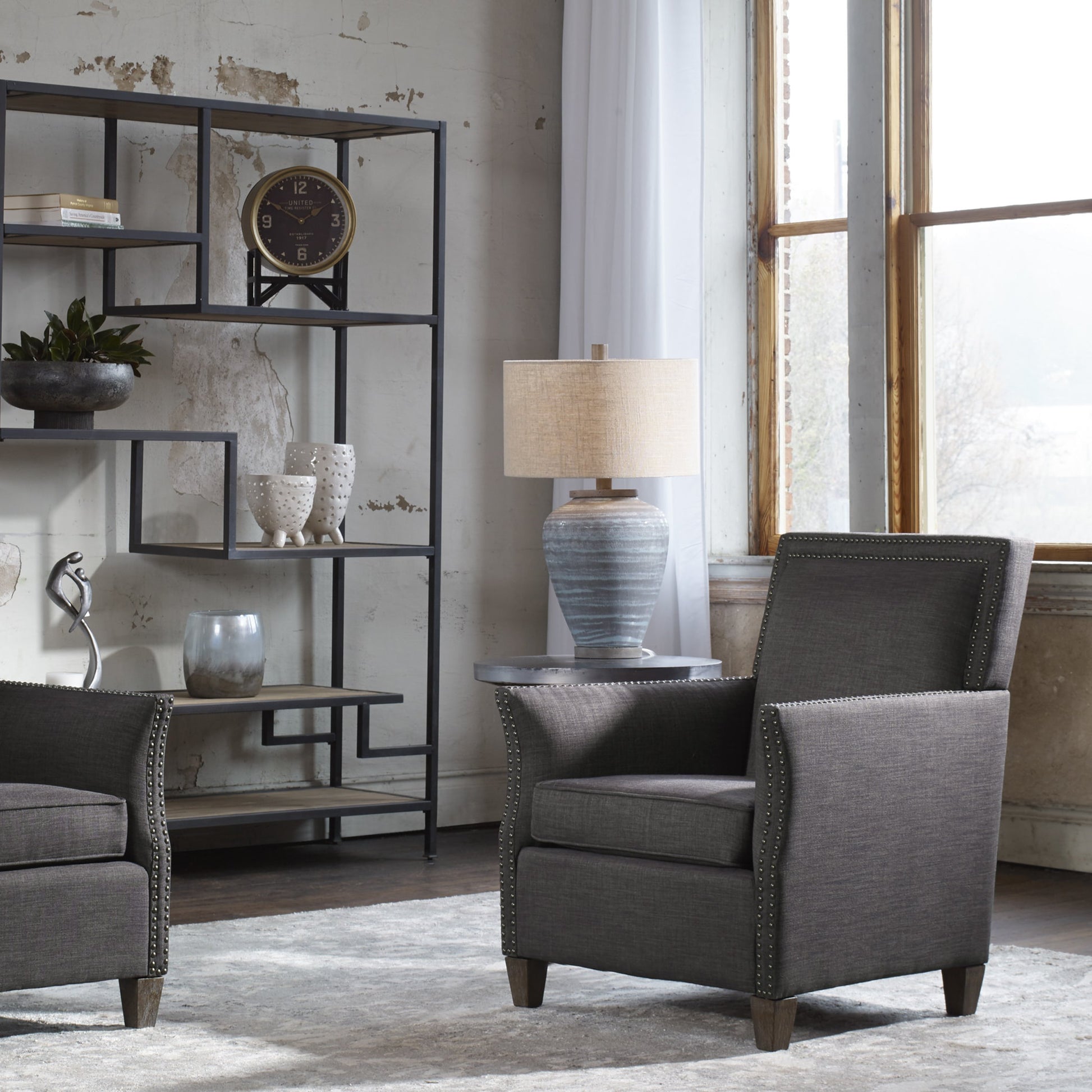 Pelia Table Lamp by Uttermost in aqua. Made from ceramic, resin, fabric in a coastal style.