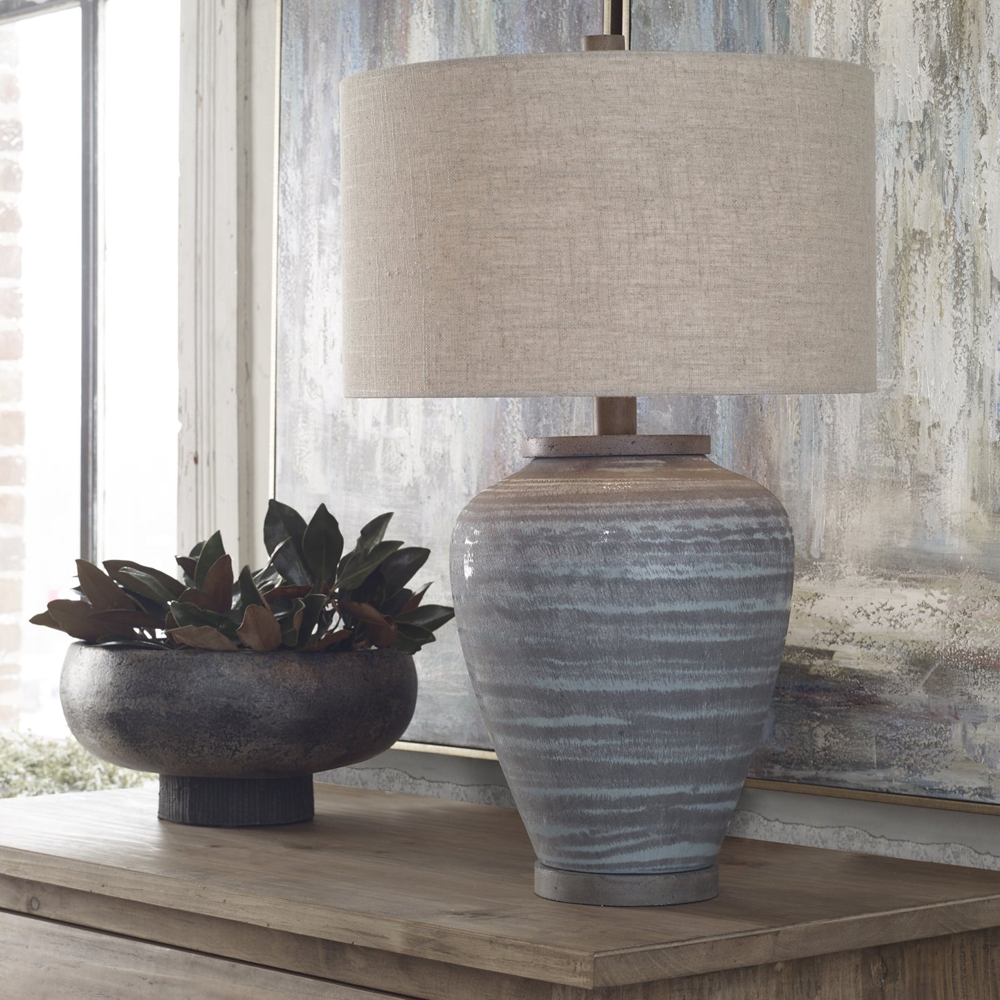005 SR-388995 | Lifestyle | Pelia Table Lamp by Uttermost in aqua. Made from ceramic, resin, fabric in a coastal style.