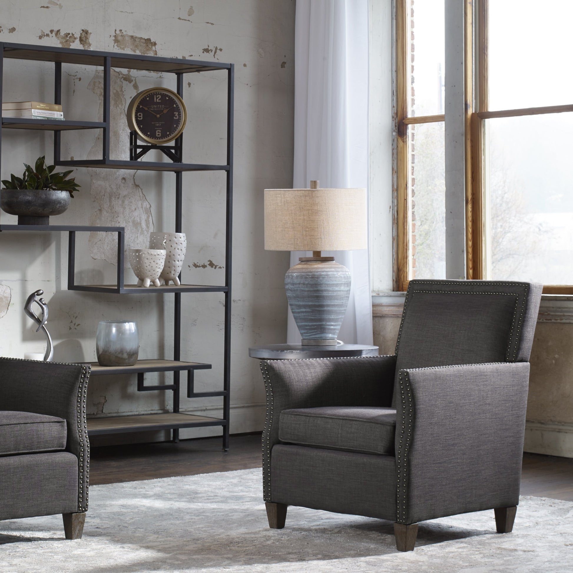 Pelia Table Lamp by Uttermost in aqua. Made from ceramic, resin, fabric in a coastal style.