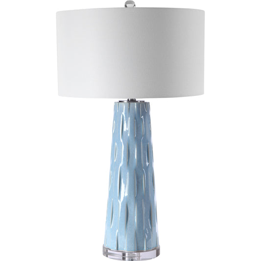 Brienne Table Lamp by Uttermost in light blue. Made from medium temperature ceramic, crystal in a modern style.