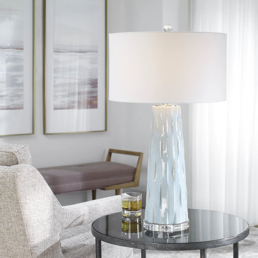 Brienne Table Lamp by Uttermost in light blue. Made from medium temperature ceramic, crystal in a modern style.