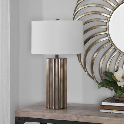 Khalio Table Lamp by Uttermost in gun metal. Made from steel, fabric in a modern style.