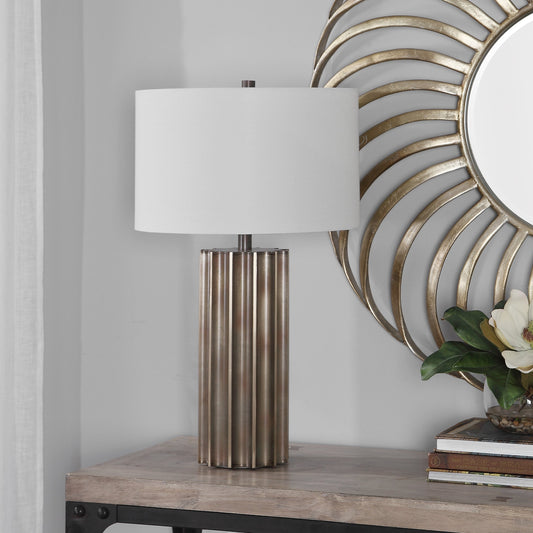 Khalio Table Lamp by Uttermost in gun metal. Made from steel, fabric in a modern style.