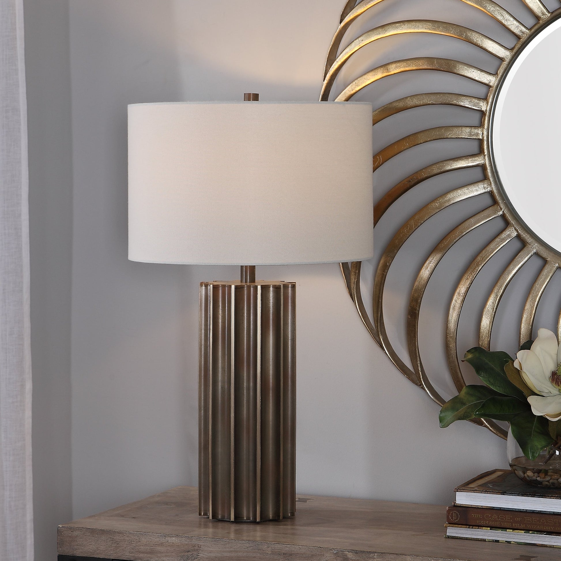Khalio Table Lamp by Uttermost in gun metal. Made from steel, fabric in a modern style.