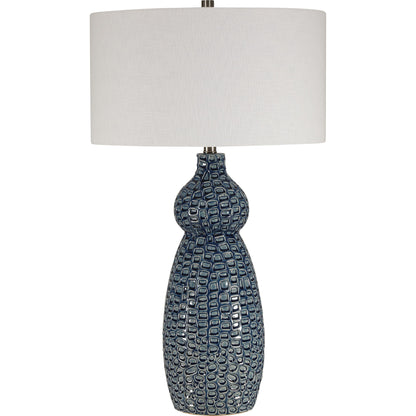 Holloway Table Lamp by Uttermost in blue. Made from ceramic, iron, fabric in a transitional style.