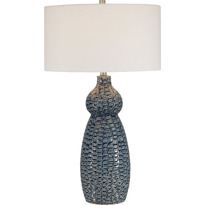 Holloway Table Lamp by Uttermost in blue. Made from ceramic, iron, fabric in a transitional style.