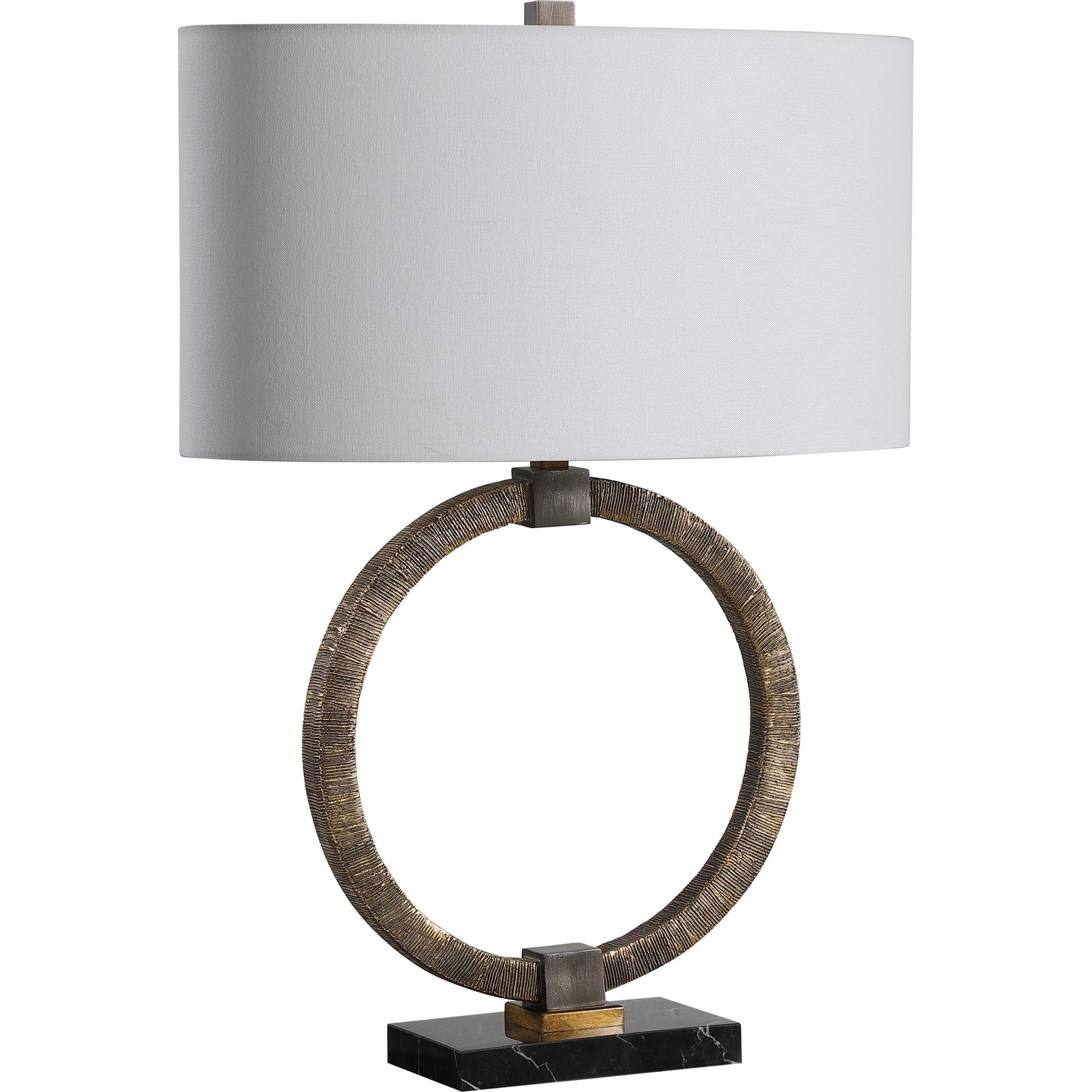 Relic Aged Table Lamp by Uttermost in gold. Made from resin, marble, iron, fabric in a eclectic & global style.