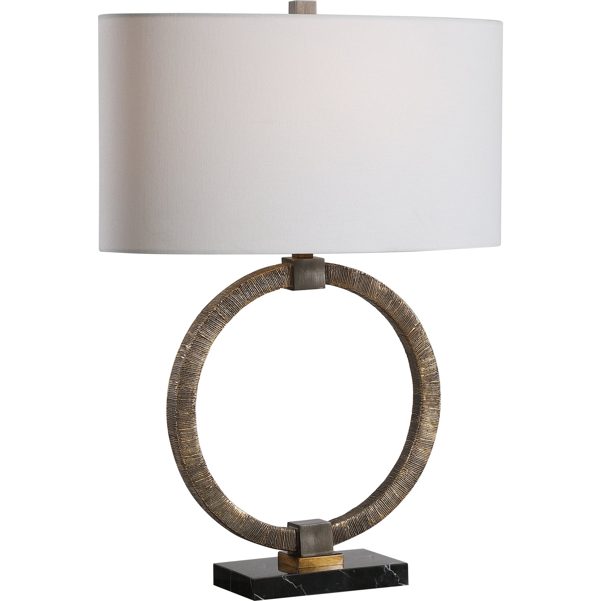 Relic Aged Table Lamp by Uttermost in gold. Made from resin, marble, iron, fabric in a eclectic & global style.