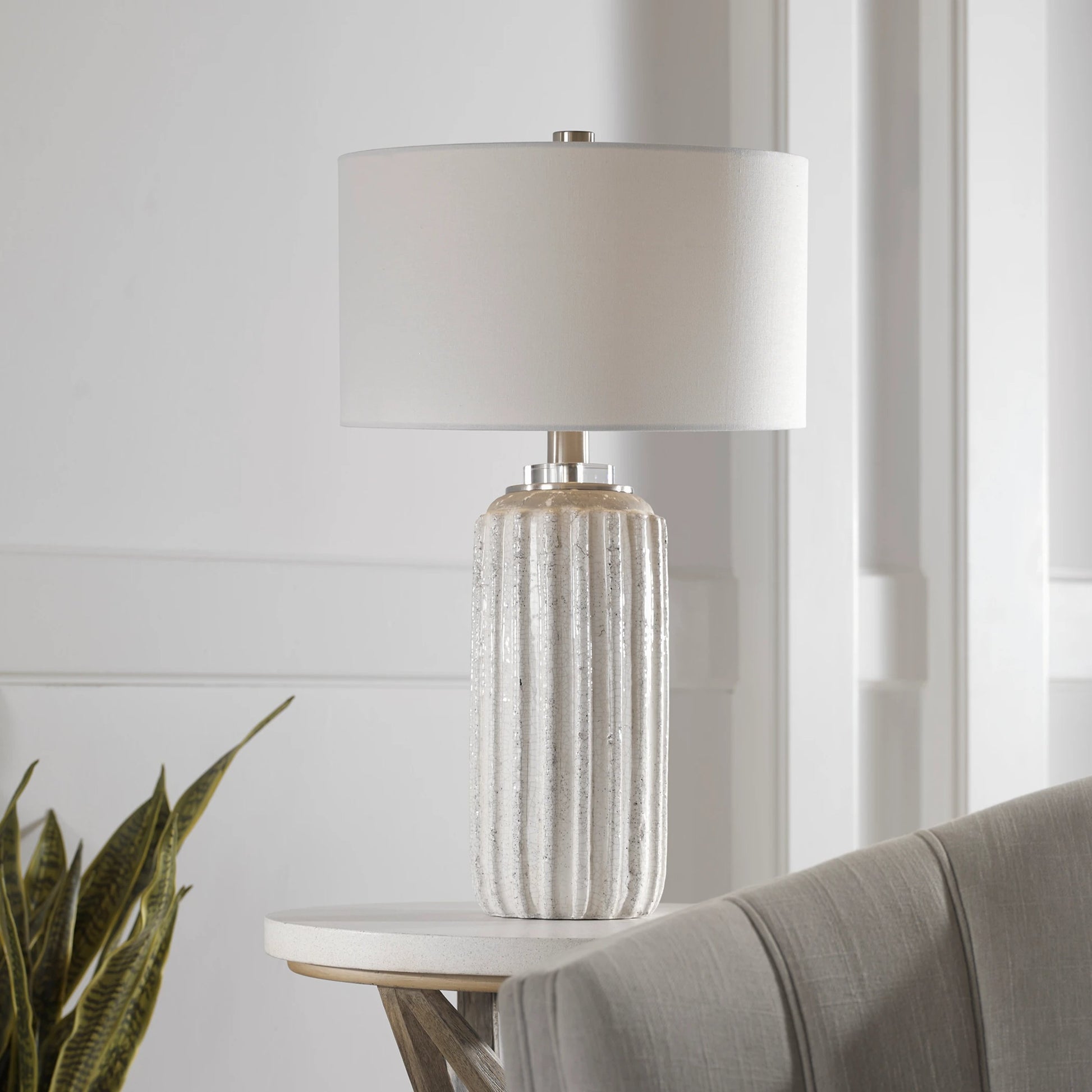 Azariah Table Lamp by Uttermost in white. Made from iron, ceramic, crystal, fabric in a modern style.