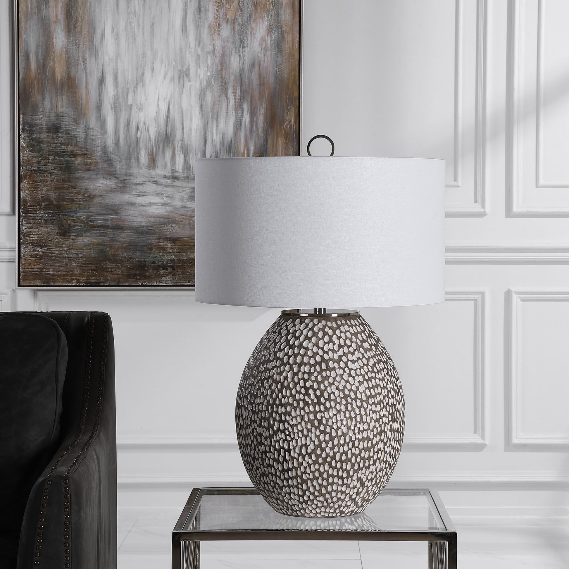 Cyprien Table Lamp by Uttermost in gray. Made from iron, ceramic, fabric in a modern style.