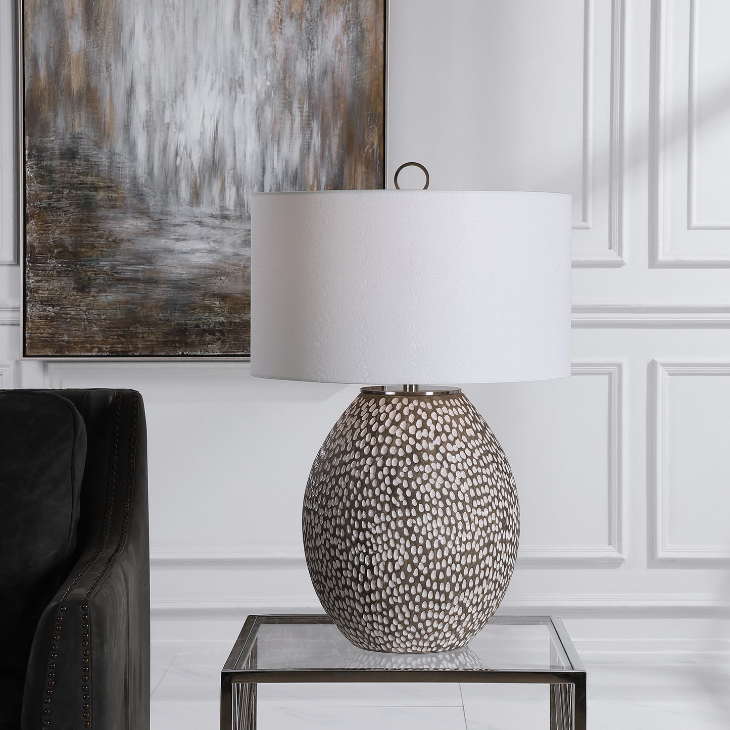 005 SR-861038 | Lifestyle | Cyprien Table Lamp by Uttermost in gray. Made from iron, ceramic, fabric in a modern style.