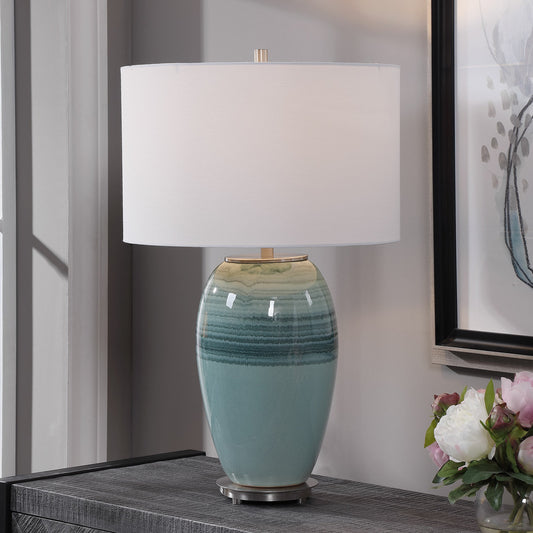 Caicos Table Lamp by Uttermost in teal. Made from ceramic, iron in a coastal style.