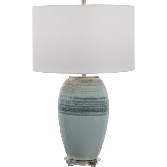 Caicos Table Lamp by Uttermost in teal. Made from ceramic, iron in a coastal style.