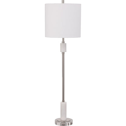 Sussex Buffet Lamp by Uttermost in nickel. Made from crystal, marble, steel, fabric in a transitional style.
