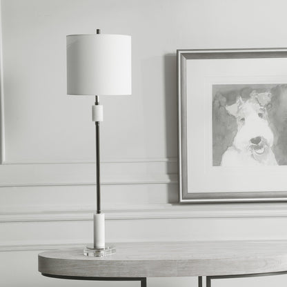 Sussex Buffet Lamp by Uttermost in nickel. Made from crystal, marble, steel, fabric in a transitional style.