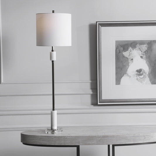 Sussex Buffet Lamp by Uttermost in nickel. Made from crystal, marble, steel, fabric in a transitional style.