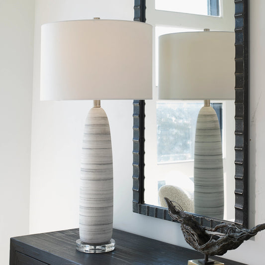 Levadia Table Lamp by Uttermost in nickel. Made from crystal, metal, ceramic, fabric in a modern style.