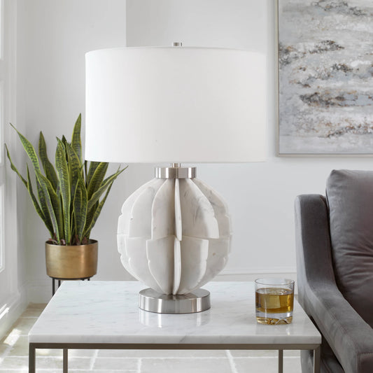 Repetition Table Lamp by Uttermost in nickel. Made from resin, iron, fabric in a modern style.