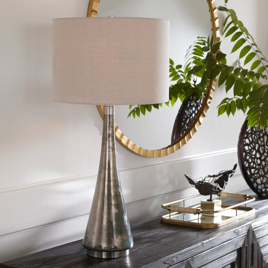 Contour Table Lamp by Uttermost in nickel. Made from glass, iron, fabric in a transitional style.