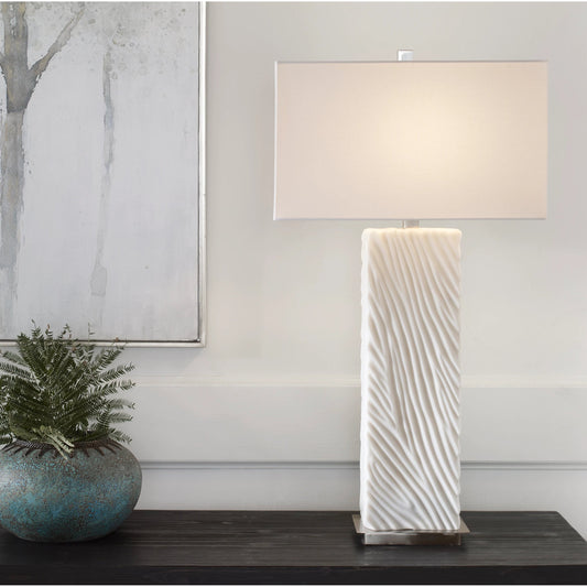 Pillar Table Lamp by Uttermost in nickel. Made from mad-made stone, iron, fabric in a modern style.