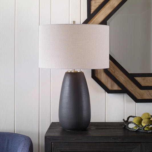 Twilight Table Lamp by Uttermost in satin black, nickel. Made from steel, ceramic, fabric in a modern style.