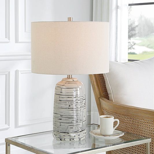 Cyclone Table Lamp by Uttermost in nickel. Made from ceramic, iron, fabric in a modern style.