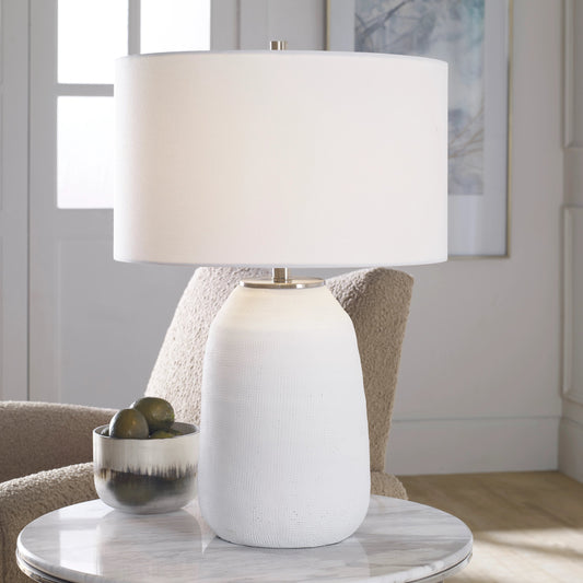 Heir Table Lamp by Uttermost in chalk matte white. Made from steel, ceramic, fabric in a modern style.