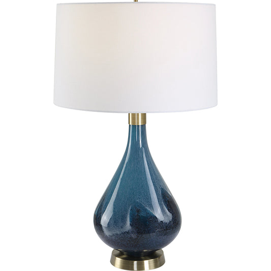 Riviera Lamp by Uttermost in sapphire, dark blue and brass. Made from steel, glass, fabirc in a modern style.